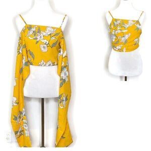 Boho Tropical Resort Drape Accent Tie Camisole Crop Top S Yellow Floral‎ White